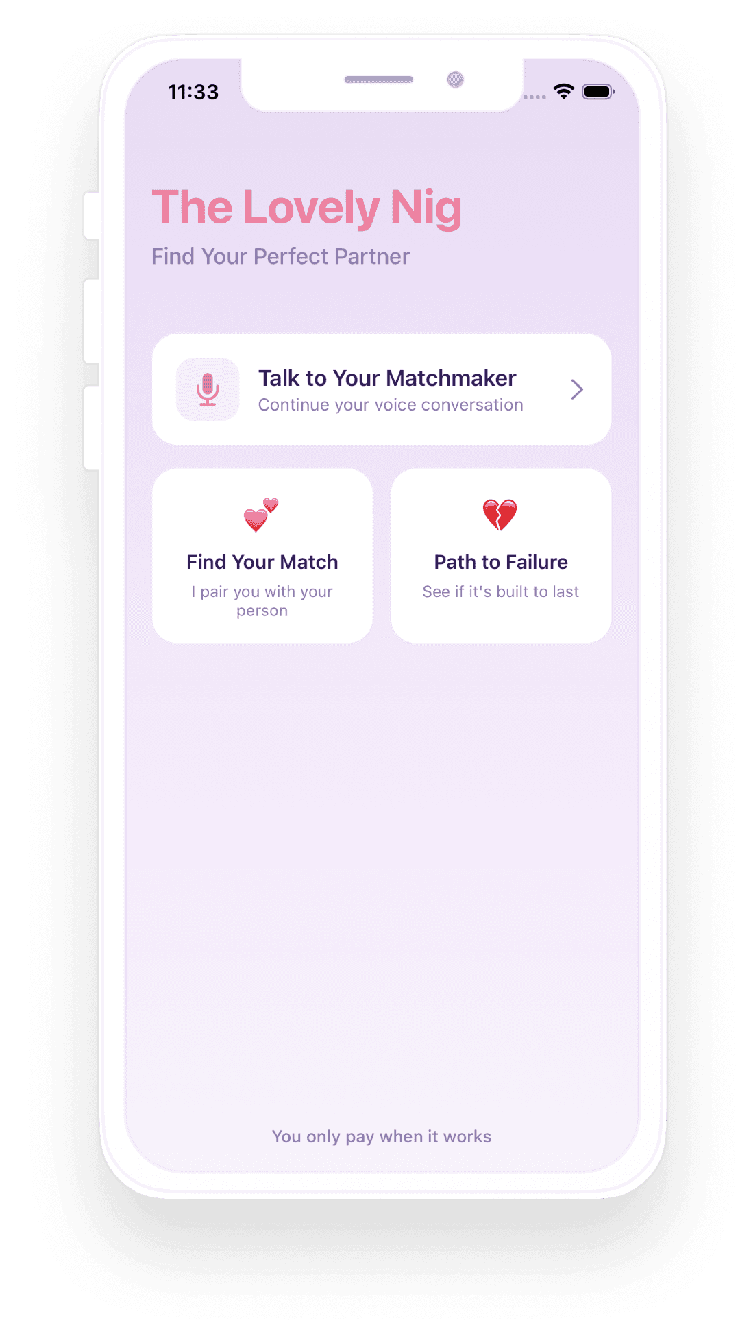 The Lovely Nig — pantalla principal de la app mostrando Find Your Match y Path to Failure